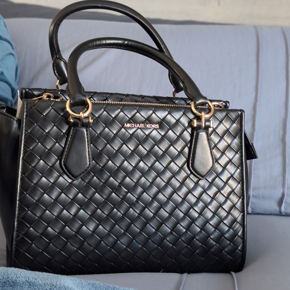 Michael Kors Marilyn Medium Woven Satchel Black No Crossbody Strap